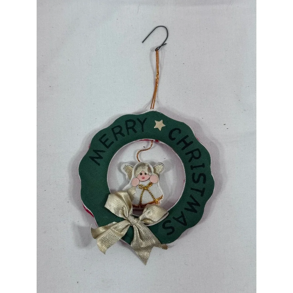 Handmade Vintage Christmas Wreath Ornament Green Red Fabric Angel Gold Bow 3.5